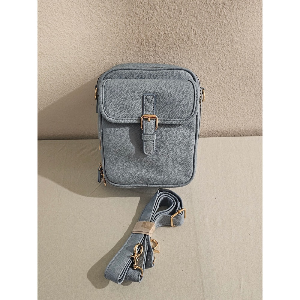 Blue Pebbled Faux Leather Crossbody Bag Double Zip Camera Bag Wallet Purse